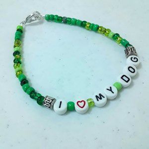 I Love My Dog Handmade Bracelet in Green Beads
